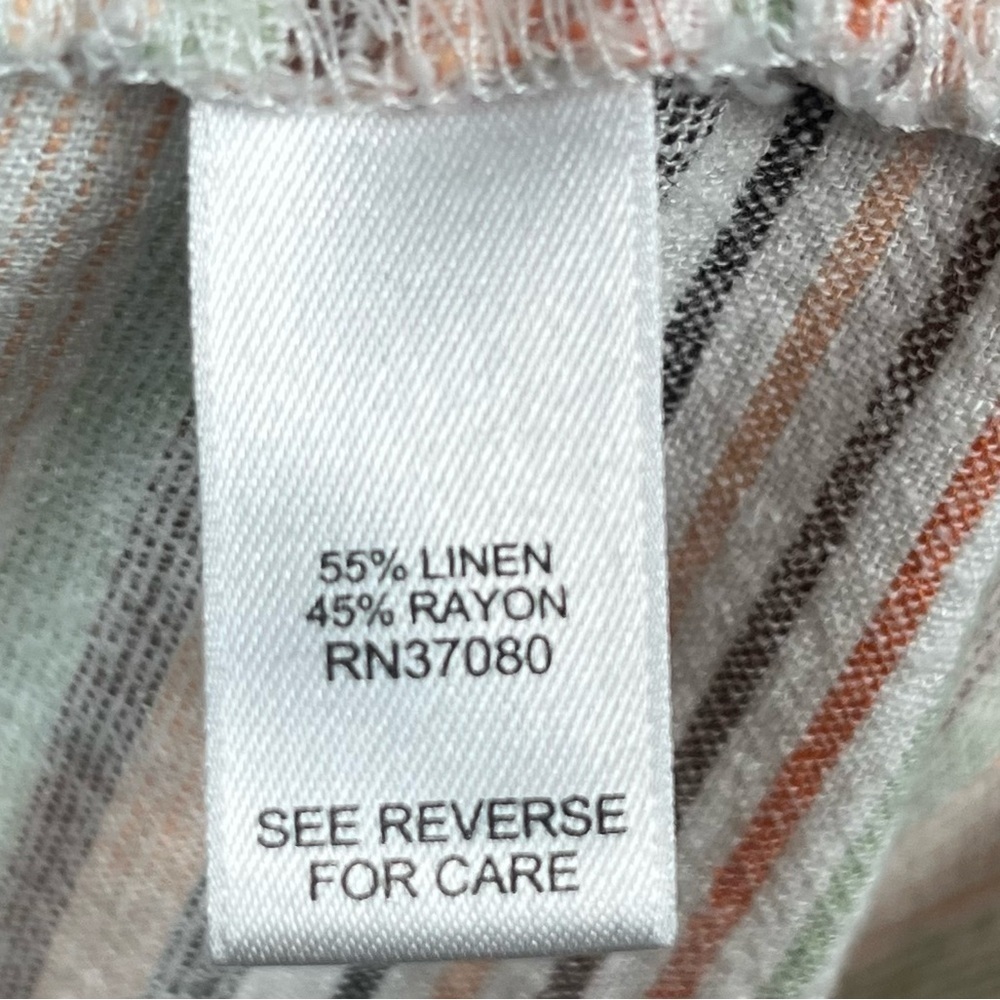 Cato linen blend ivory peach & green striped smocked waist wide leg pants, Med. - Picture 9 of 10